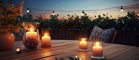 Candlelit terrace for summer nights with wine and lights Copy space image Place for adding text or...