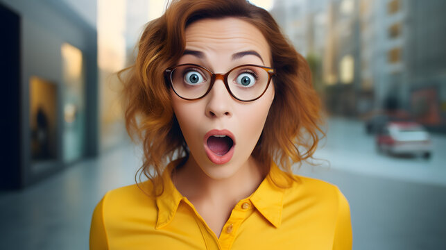 Surprised Young Woman in Glasses Expressive Urban Street Reaction Concept