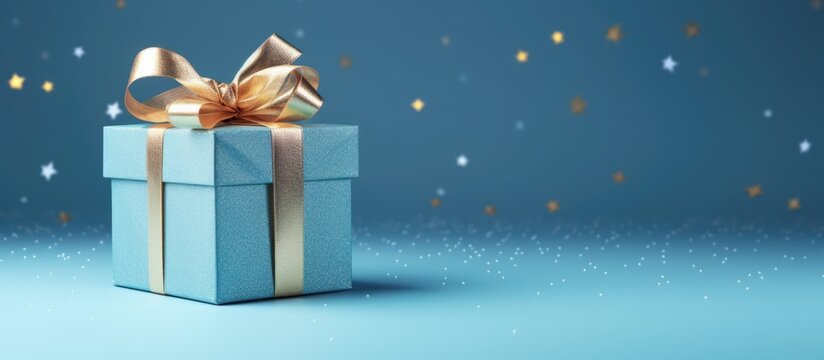 A beautifully adorned gift box with a bow on a blue background for various celebrations Copy space image Place for adding text or design