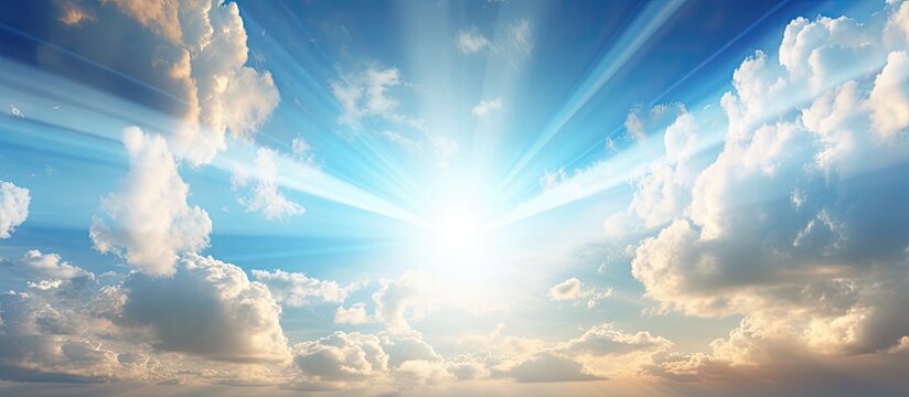 Beautiful cloudy sky with sunshine Peaceful natural background Sunny divine heaven Religion heavenly concept Copy space image Place for adding text or design