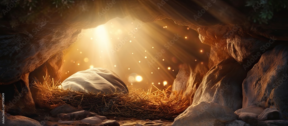 Poster birth and rebirth stable and tomb with blurred lights jesus narrative copy space image place for add