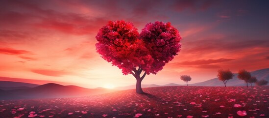 Beautiful spring landscape with a red heart shaped tree at sunset providing a romantic backdrop for Valentine s Day Copy space image Place for adding text or design - obrazy, fototapety, plakaty