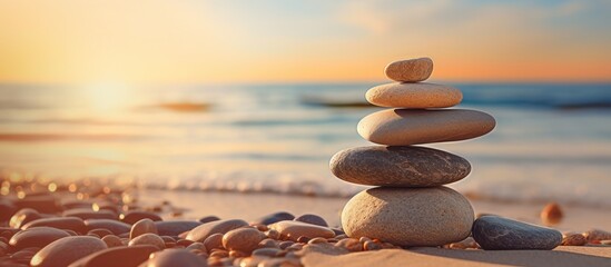 Balanced rock pyramid on pebbled beach with golden sea bokeh Zen stones on sea beach conveying meditation spa harmony and balance Copy space image Place for adding text or design
