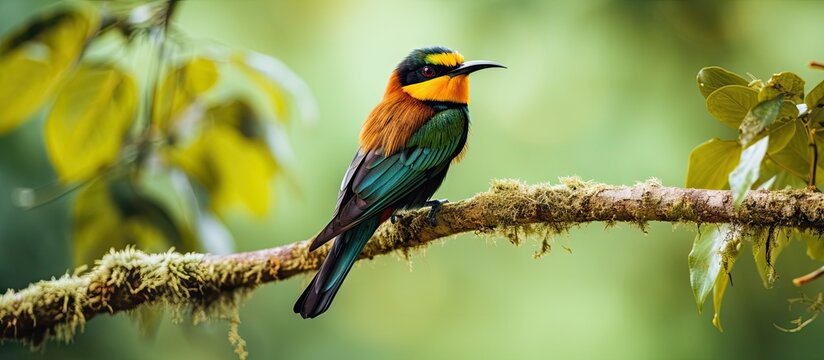African forest bird Merops gularis perched on a branch in Uganda s Kibale National Park Copy space image Place for adding text or design