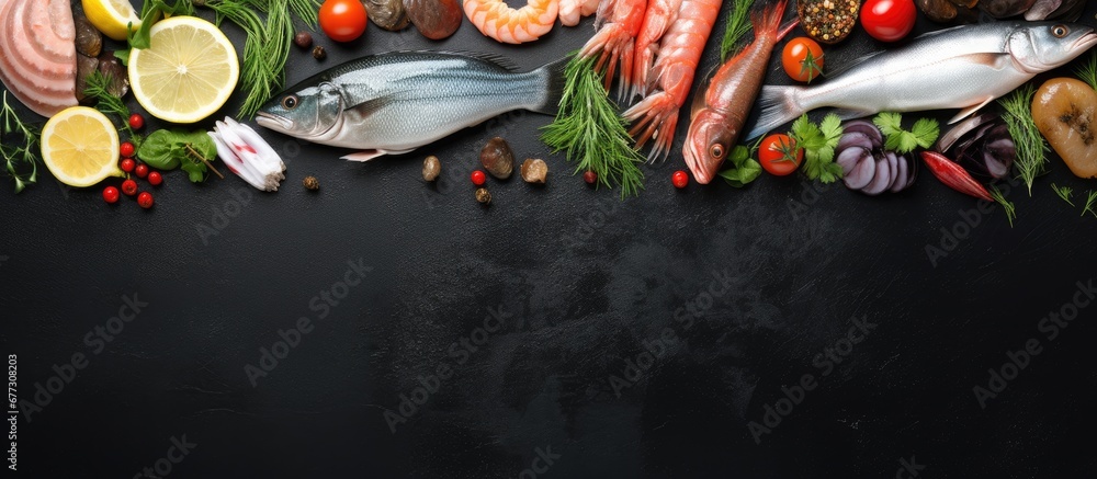Poster assorted fresh raw seafood on black slate top view with copy space copy space image place for adding