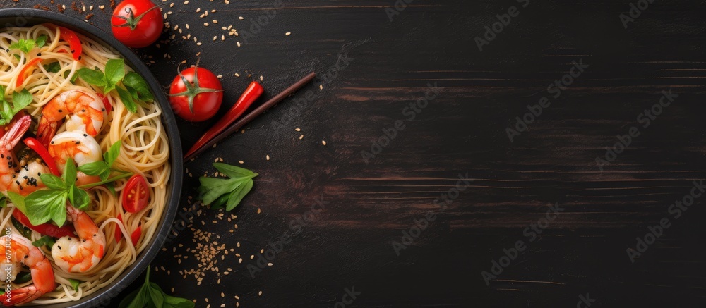 Poster asian rice noodles with shrimp vegetables on table top view copy space image place for adding text o