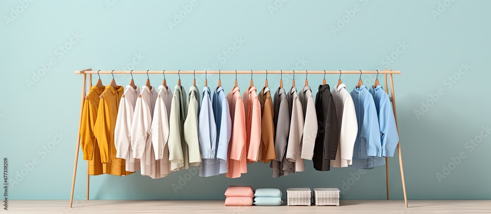 Poster closeup of clothes on light background after being dry cleaned and hung on a rack copy space image p