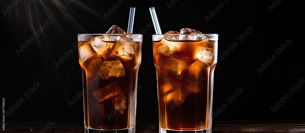 Poster chilled coffee with metal straw on dark backdrop copy space image place for adding text or design
