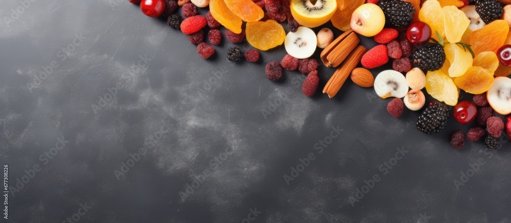 Poster assorted dried fruits and berries on gray background copy space image place for adding text or desig