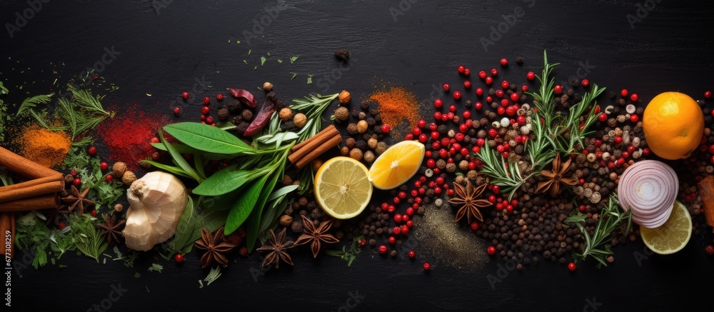 Poster Assorted vibrant seasonings for cooking against a dark backdrop Copy space image Place for adding text or design