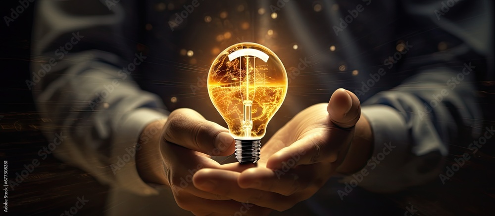 Poster bitcoin icon illuminates businessman s hand crypto innovation propels rise in value on futuristic ex