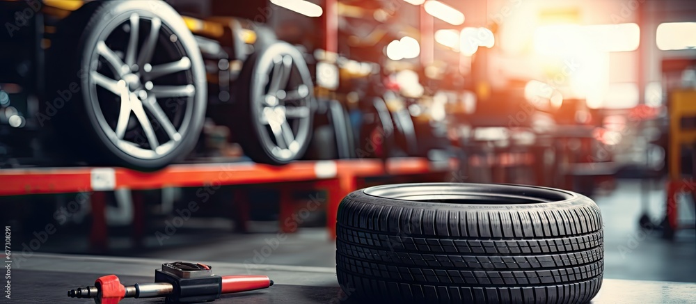 Poster auto mechanic s tools and equipment with a tire in the background at the auto service copy space ima
