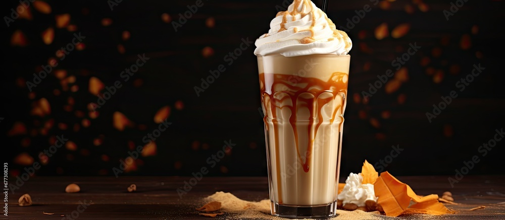 Poster caramel topped pumpkin pie shake with cream copy space image place for adding text or design