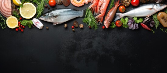 Assorted fresh raw seafood on black slate Top view with copy space Copy space image Place for adding text or design