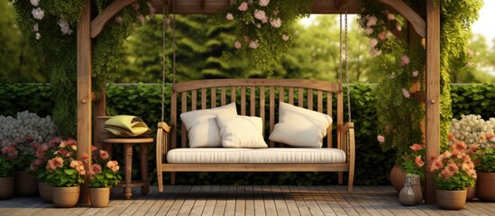 Arbour with cozy outdoor seating depicted in image Copy space image Place for adding text or design