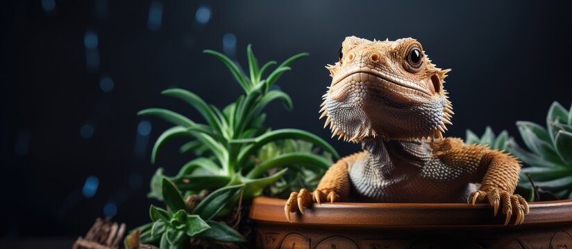Bearded dragon poses on pot Copy space image Place for adding text or design