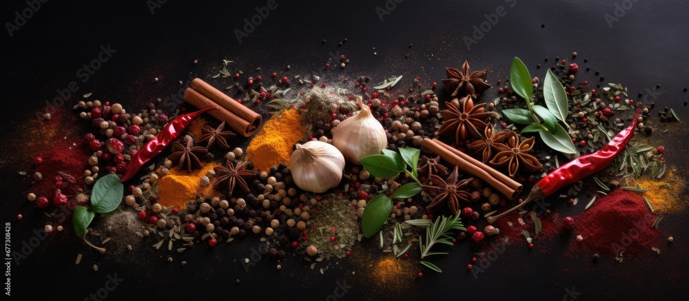 Poster assorted vibrant seasonings for cooking against a dark backdrop copy space image place for adding te