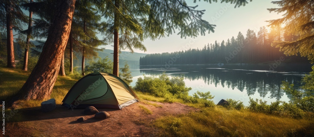 Poster camping under pine trees near a sunny lake in the morning copy space image place for adding text or 
