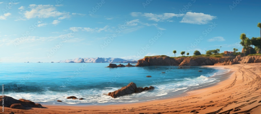 Poster coastline and road with sandy beach and clear sea copy space image place for adding text or design