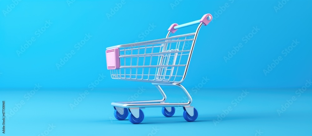 Poster blue background with a shopping cart copy space image place for adding text or design