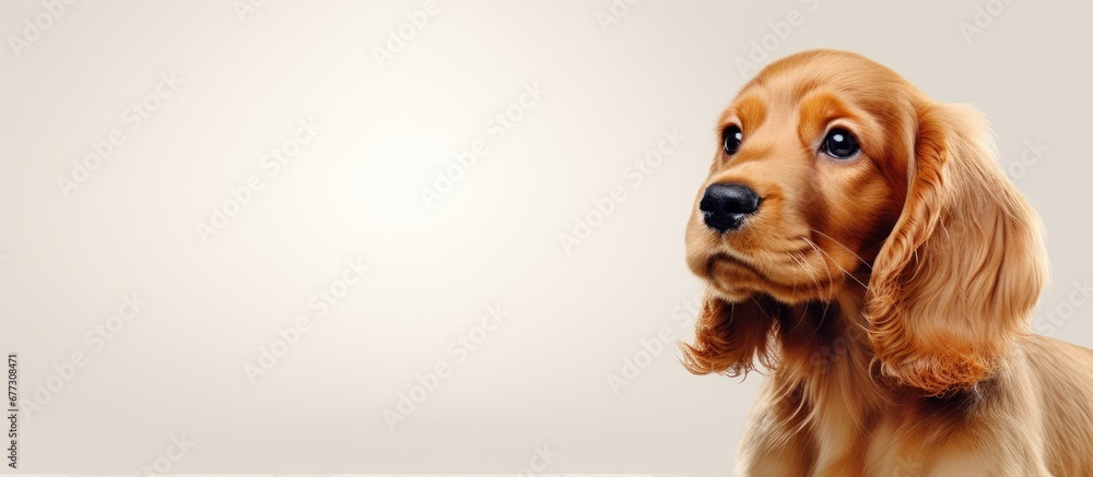 Poster Cocker Spaniel puppy posing in studio white backdrop Copy space image Place for adding text or design