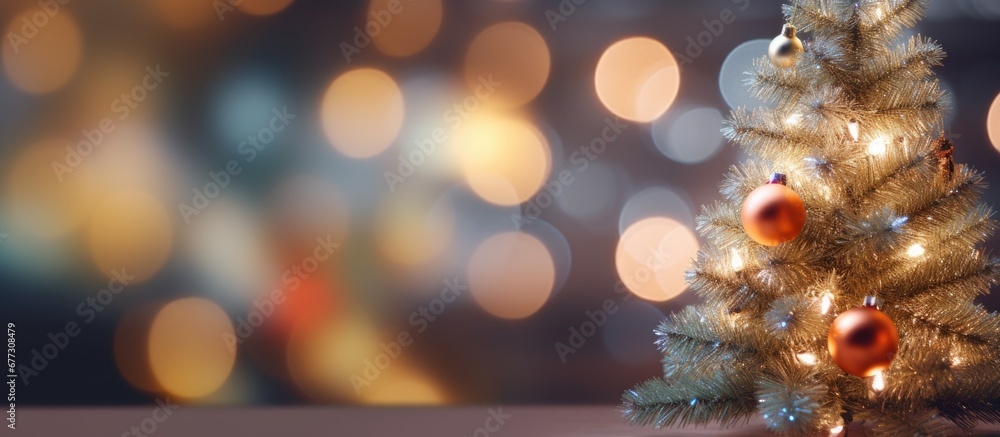 Poster blurred fairy background with decorated christmas tree copy space image place for adding text or des