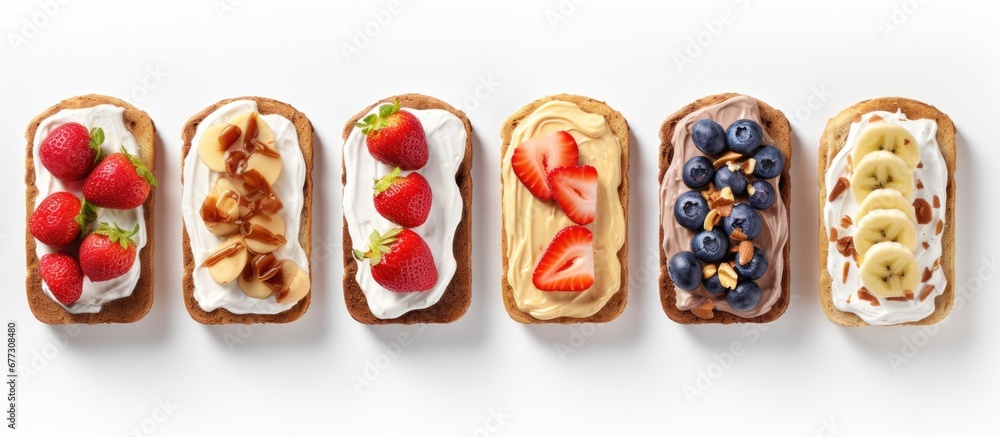 Poster assorted sweet toast chocolate banana peach cream cheese strawberry peanut butter blueberry cream ch