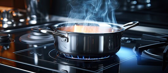 Boiling water on an induction stove in a kitchen Copy space image Place for adding text or design