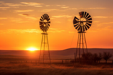 An old mill you have a picturesque beautiful field against the backdrop of the setting sun landscape