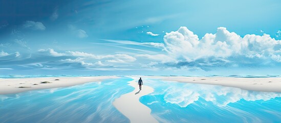 Abstract surreal path concept depicted with a man walking between two blue seas on a beach Copy space image Place for adding text or design - obrazy, fototapety, plakaty