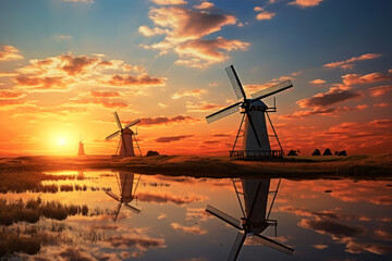 An old mill you have a picturesque beautiful field against the backdrop of the setting sun landscape