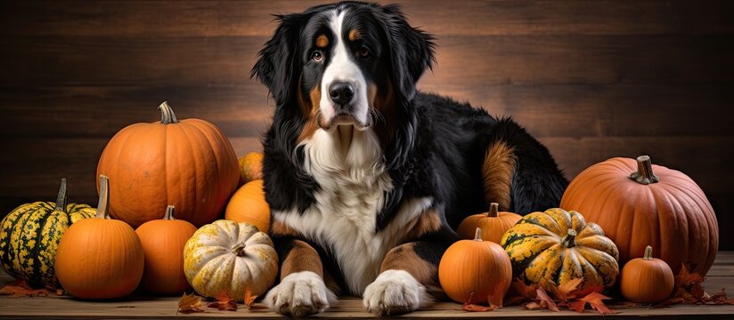 Bernese mountain dog and Halloween pumpkins Copy space image Place for adding text or design