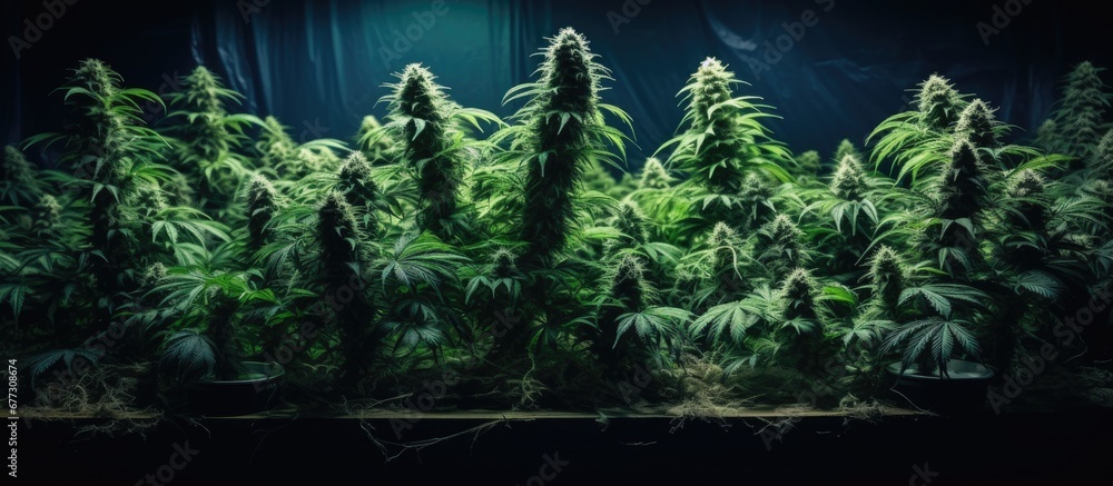 Poster cannabis plants grow indoors using artificial light copy space image place for adding text or design