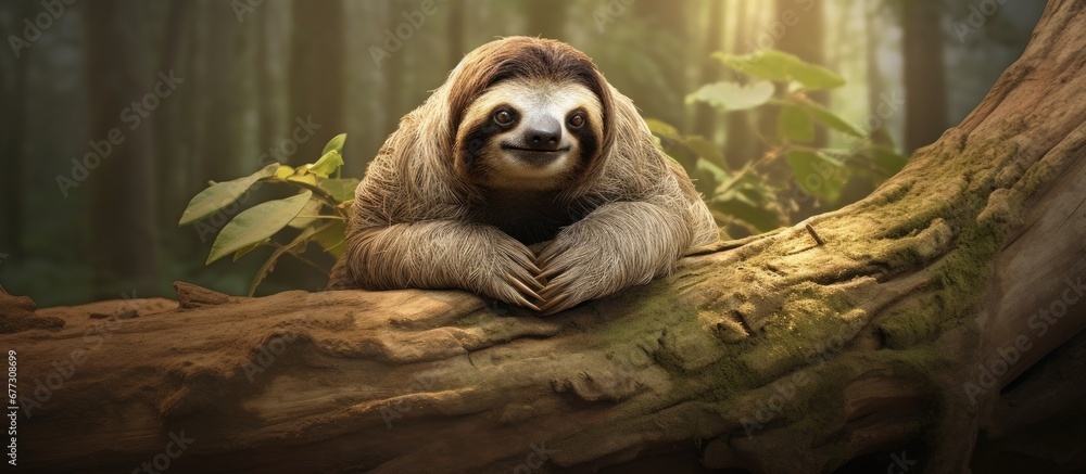 Poster brown throated sloth is a type of three toed sloth in central and south america copy space image pla