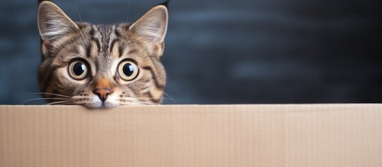 Cat peeks from cardboard box Copy space image Place for adding text or design - obrazy, fototapety, plakaty