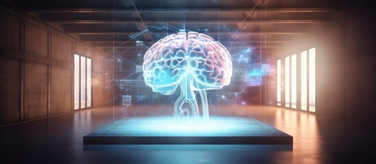 Brain drawings hologram on empty room interior background representing data concept through double exposure Copy space image Place for adding text or design