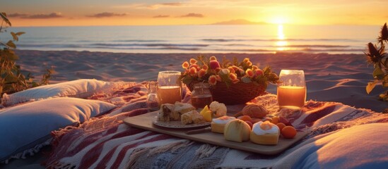 Boho beach sunset picnic Copy space image Place for adding text or design - obrazy, fototapety, plakaty