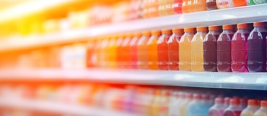 Blurred background of soft drink bottles in convenience store refrigerators Copy space image Place for adding text or design - obrazy, fototapety, plakaty