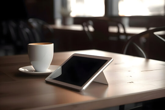Tablet and cup of coffee on table in cafe. closeup