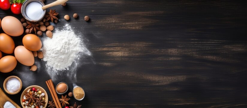 Children s baking concept top view of various utensils ingredients on black chalkboard Copy space image Place for adding text or design