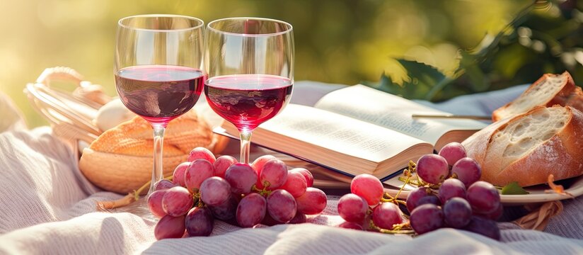 Closeup of book grapes bread and rose wine on white picnic blanket Copy space image Place for adding text or design