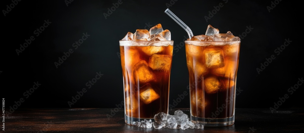 Poster chilled coffee with metal straw on dark backdrop copy space image place for adding text or design