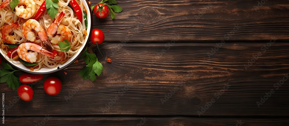 Poster asian rice noodles with shrimp vegetables on table top view copy space image place for adding text o