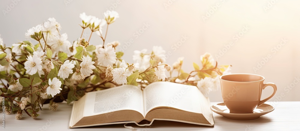 Poster christian themed table setting with bible coffee cup flowers and room for additional text copy space