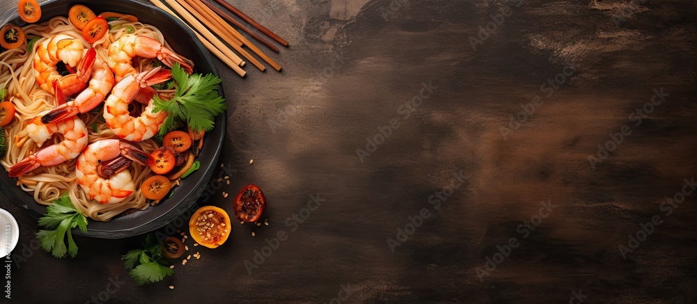 Poster asian rice noodles with shrimp vegetables on table top view copy space image place for adding text o