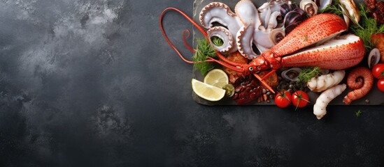 Charcuterie board with seafood on a concrete background Copy space image Place for adding text or design