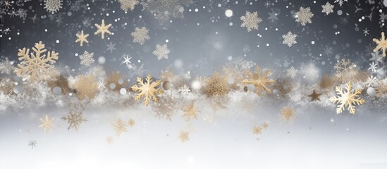 Christmas backdrop featuring a gilded frame with white stars silver snowflakes and beads Copy space image Place for adding text or design - obrazy, fototapety, plakaty