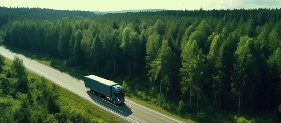 Foto op Canvas Bird s eye view of gasoline truck on highway road near green forest Copy space image Place for adding text or design © Ilgun