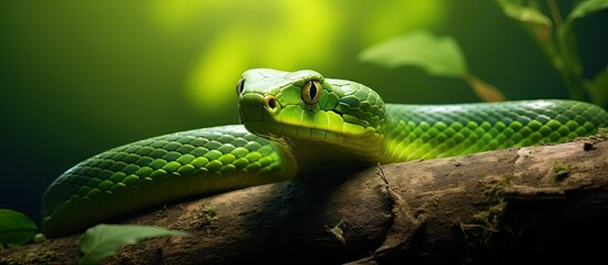 Fototapeta premium Aralam Wildlife Sanctuary in Kannur captured photo of a green serpent Copy space image Place for adding text or design