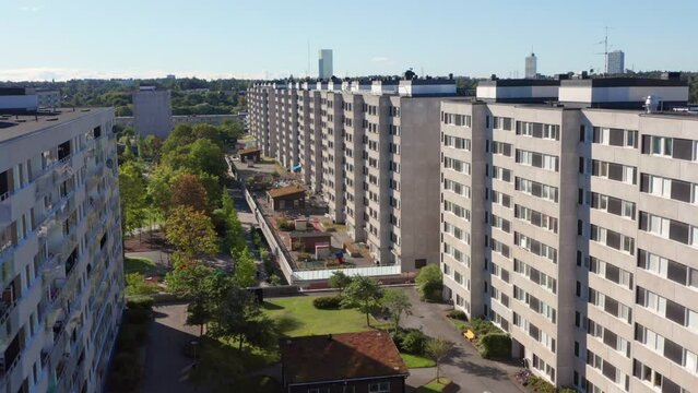 Plattenbau in summer time. Pre-Fabricated Pre-Cast Slab Buildings in suburb